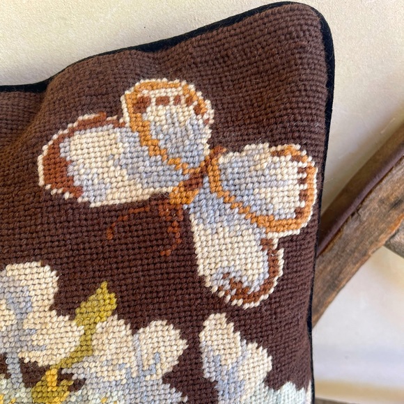 NEEDLEPOINT PILLOW Beautiful Vintage Handmade 15” Square Floral Butterfly Velvet - Picture 2 of 10
